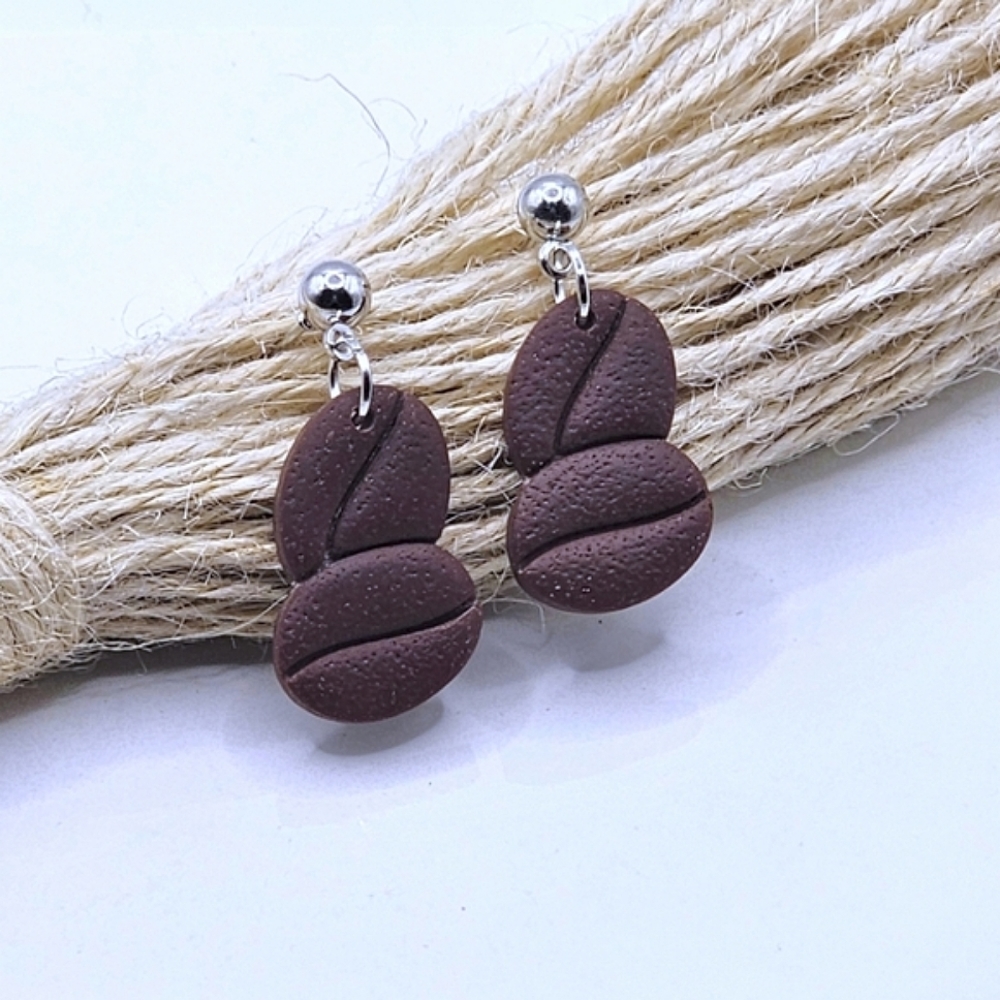 Coffee Bean Embossed Dangle Earrings Brown Polymer Clay Handmade Gift